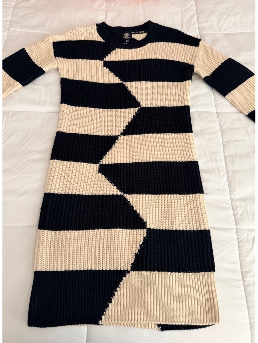 Bobeau Petite Black and Cream Striped Knit Sweater Dress SP